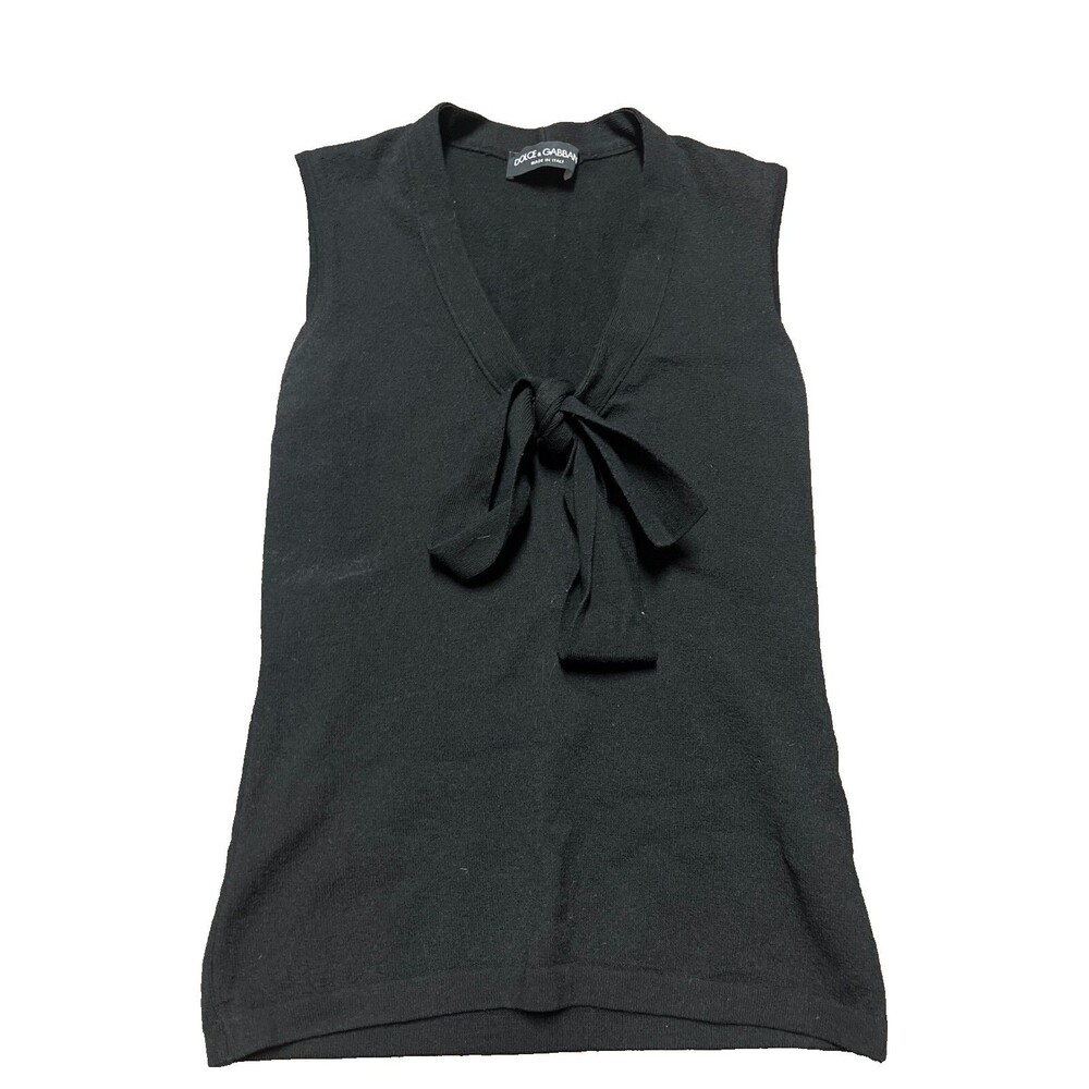 Dolce & Gabbana Womens Black Sleeveless Bow Tie Neck Knit Blouse Top